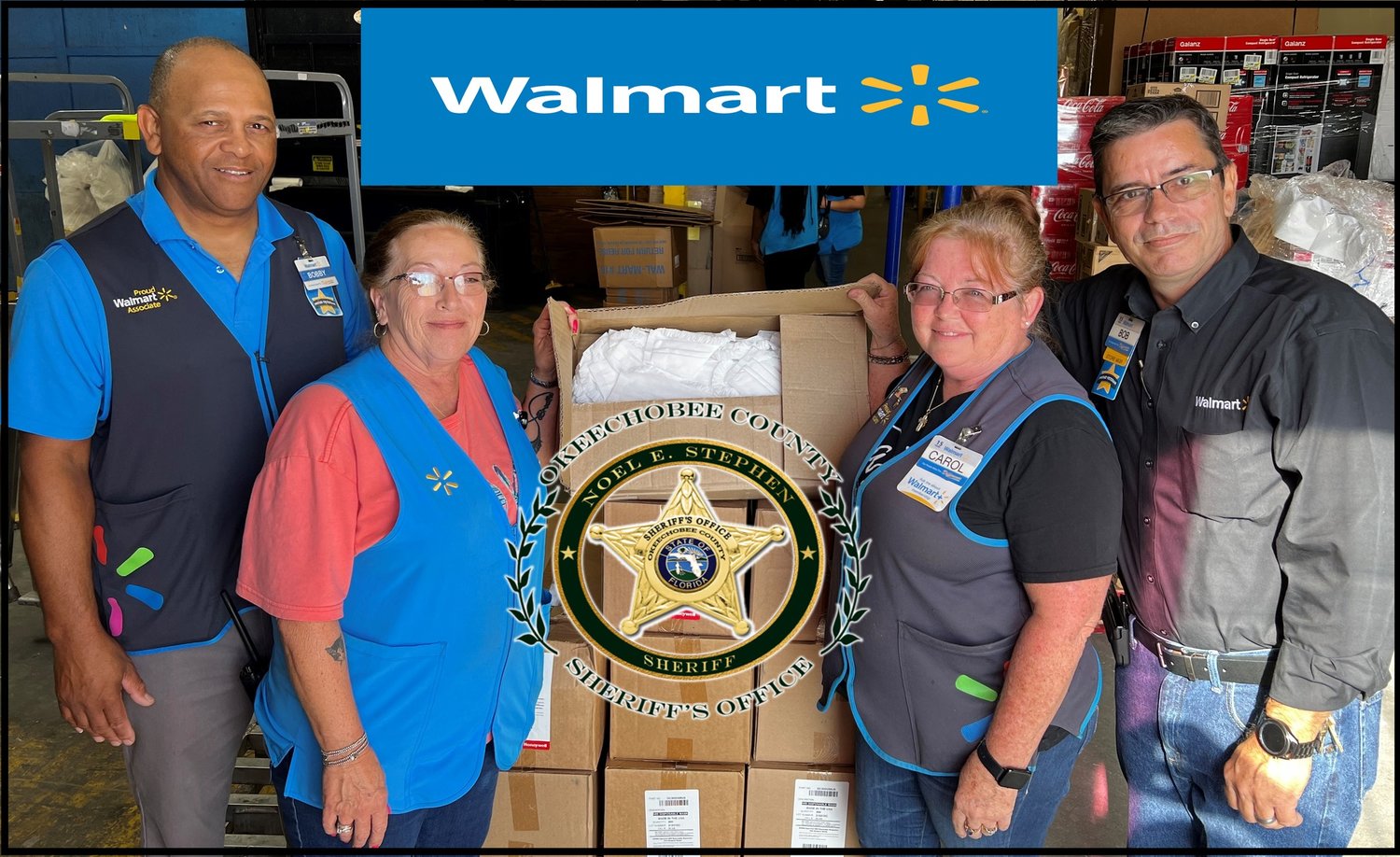 Thank you to our hometown Walmart for their donation of several hundred N95 masks for our deputies to use both in the detention facility and the uniformed patrol. 
Donations like this are very much appreciated, and Walmart never forgets their hometown first responders. 
Pictured are some of the fantastic staff at our Okeechobee Walmart Mr. Bobby, Miss Margaret, Miss Carol, and Store Manager Mr. Bob.